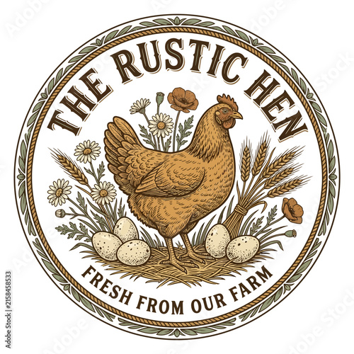 Rustic hen illustration for a fresh farm product label, featuring a chicken, eggs, and wheat within a circular border.