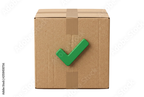 Cardboard shipping box with green checkmark for successful delivery