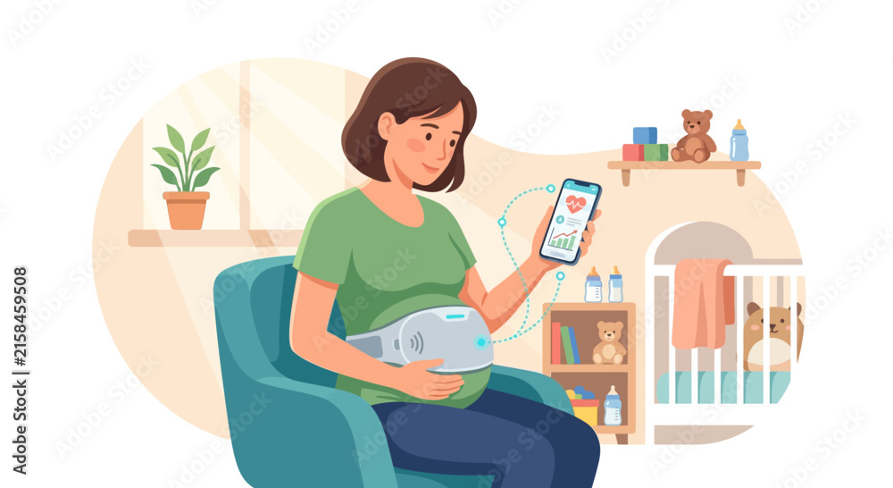 Fototapeta premium Pregnant woman tracking fetal heart rate with wearable smart monitor and mobile app flat vector illustration.