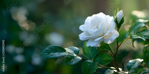 A pristine white bloom stands out against a softly blurred green garden backdrop while sunlight gently illuminates its layered petals and surrounding glossy leaves.