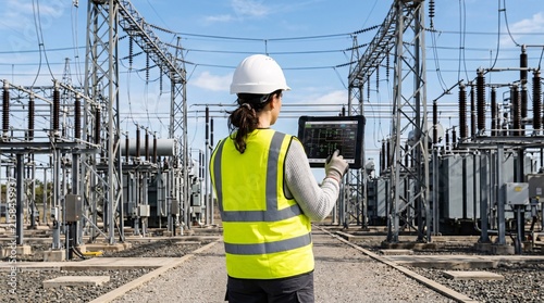Female engineer working with a digital tablet at a high voltage electrical substation power plant.