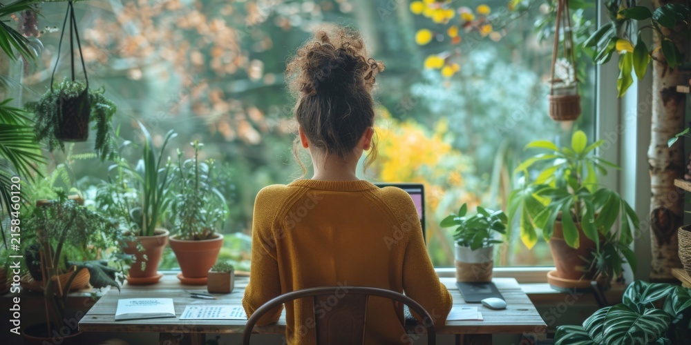 Fototapeta premium Woman working from home with a view of nature outside the open window
