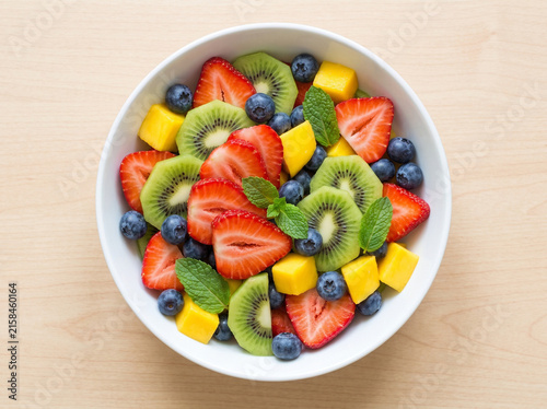 Colorful Fresh Fruit Salad Bowl Overhead Square Composition