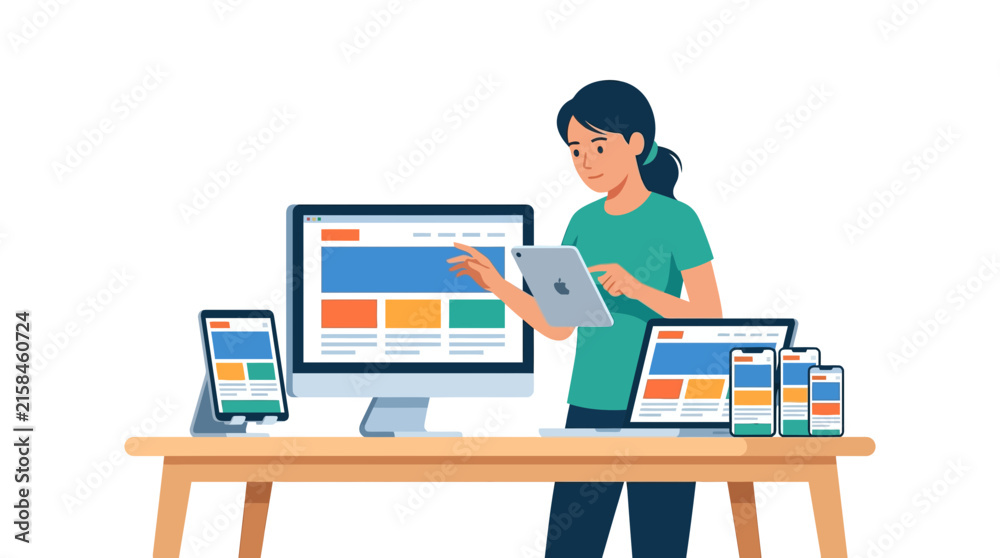 Fototapeta premium Female UI UX designer testing responsive web interface on computer monitors and mobile devices flat vector element