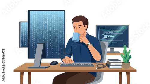 Professional software programmer drinking coffee while working on multiple computer monitors flat vector element.