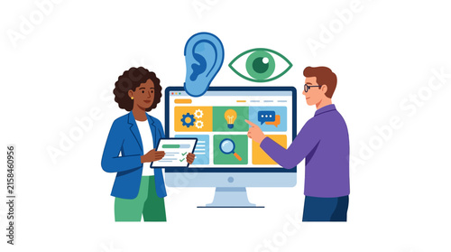 Web accessibility experts auditing digital content for inclusive user experience with icons flat vector element