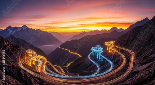 Winding mountain pass highway illuminated with bright neon lights during a dramatic sunset in alpine landscape