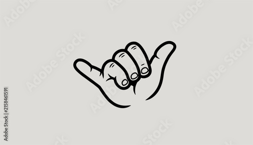 Black and white outline sketch of a hand showing the popular shaka sign gesture over a solid light grey background.