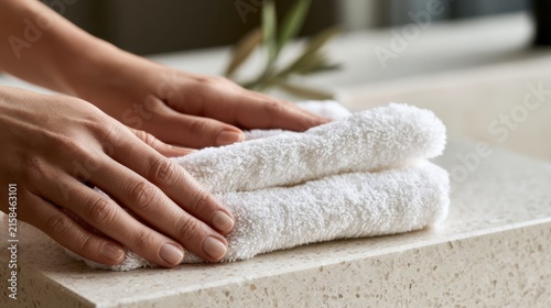 Hands gently placing folded white towels on a stone countertop