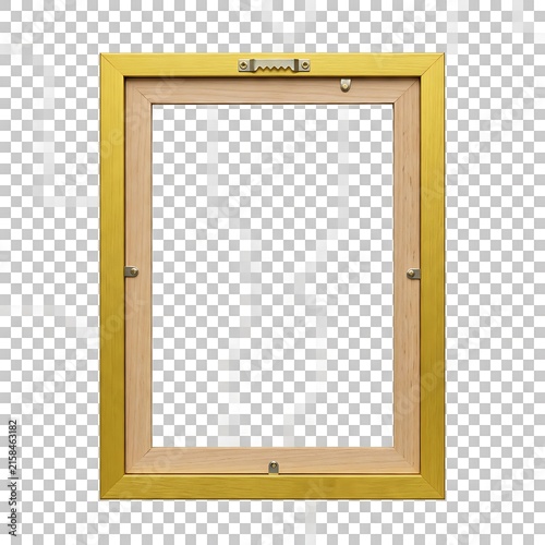 Golden framed decorative window with lattice pattern.