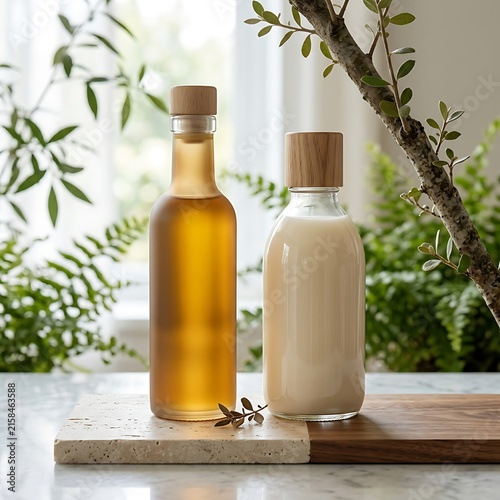 Golden honey bottle with white cream jar on wooden shelf.