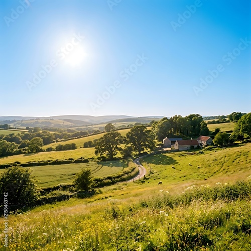 Golden hour aerial view of rural countryside fields.