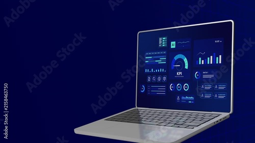 Side view of laptop computer displaying futuristic blue KPI performance dashboard and data charts.