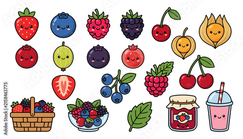 Set of cute cartoon berries and fruits with happy faces including a basket jam and smoothie