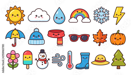 Set of cute kawaii weather and seasonal icons with happy faces for kids education and creative design