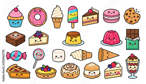 Set of cute kawaii style desserts and sweet treats with happy smiling faces on white background