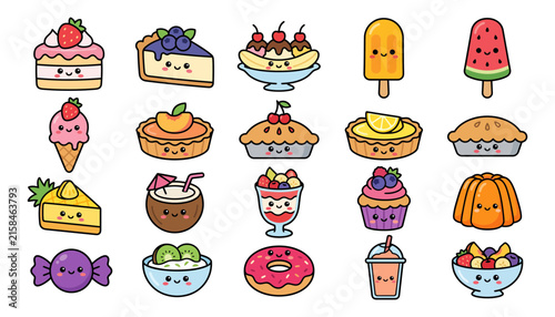 Set of cute kawaii style desserts and sweet treats with happy faces on a white background