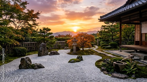 Golden hour backyard garden with stone path and pond.
