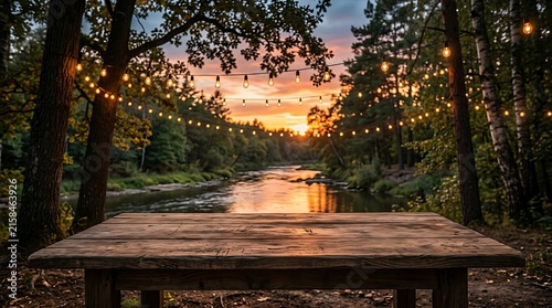 Golden hour autumn forest path with wooden bench.