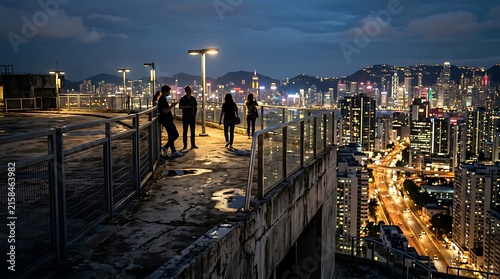 Golden hour cityscape with bridge and skyline.