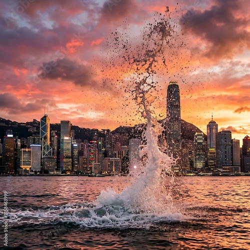 Golden hour cityscape with fountain and skyscrapers.