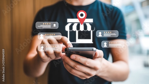 Digital local business concept with smartphone, store icon and location marker