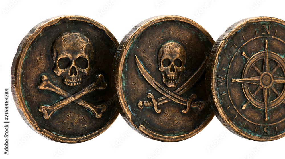 Obraz premium Three antique pirate coins with skull and crossbones and nautical compass symbols