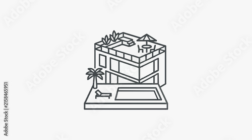 Modern Minimalist Line Drawing of a Tropical Resort Building with Pool Palm Tree and Rooftop Terrace