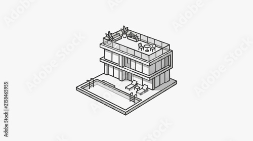 Creative Isometric of Modern Minimalist Building with Rooftop Terrace and Swimming Pool with high quality professional line art symbols for modern creative design and digital branding projects