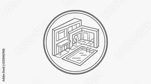 Sleek Isometric of Modern Minimalist Home Interior with Open Floor Plan and Outdoor Pool View with high quality professional line art symbols for modern creative design and digital branding projects