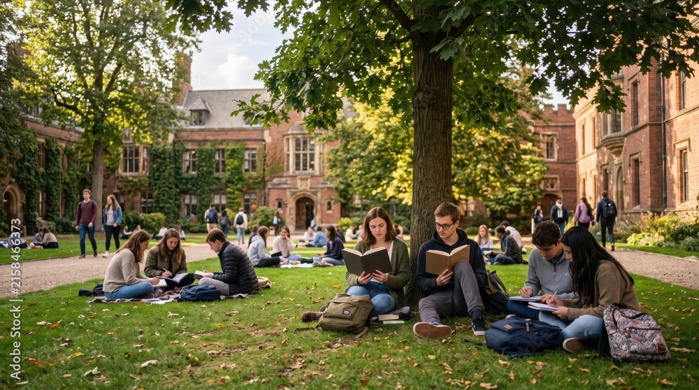 Fototapeta premium Group of students studying and socializing on college lawn under large tree in historic campus courtyard during sunny autumn day, relaxed academic atmosphere for learning