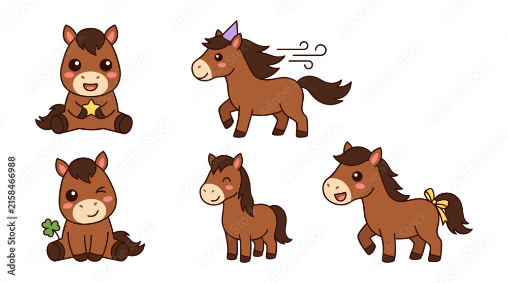 Obraz premium Cute Brown Horse Vector Character Set featuring Kawaii Pony Sitting with Star, Running with Party Hat, Winking with Clover, and Tail Ribbon Details