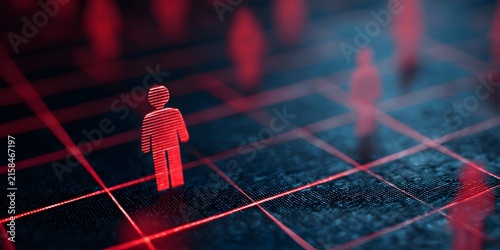 A digital red figure stands prominently on a glowing grid while blurred silhouettes appear in the background.