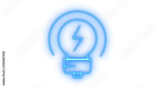 Glowing neon light bulb icon with a lightning bolt symbol representing energy power and creative ideas isolated on transparent background for graphic design and web interfaces.