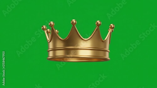A plain golden metallic crown rotating smoothly on a vibrant chroma key green screen background for easy visual effects integration