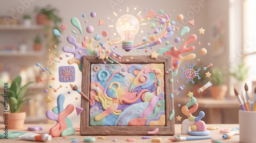 Creative Innovation Concept with Abstract Pastel Clay Art, Glowing Lightbulb Idea, and Artistic Tools 3D Illustration