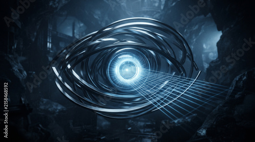 Futuristic Cybernetic Eye with Glowing Blue Iris and Laser Grid in a Dark Cinematic Sci-Fi Environment