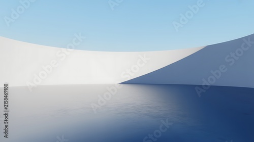 Abstract 3D render of white curved architectural wall on reflective floor with blue sky background. Minimalist futuristic outdoor space