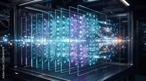 AI Neural Network Architecture and Data Visualization in a Futuristic High-Tech Server Rack