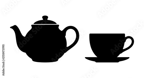 Black silhouette of a teapot and teacup on a white background for design elements