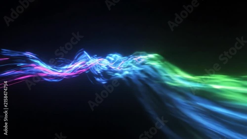 Abstract modern neon light wave flowing through dark black space with dynamic motion blur and vibrant glowing trails