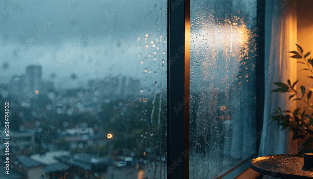 Naklejka premium Atmospheric Monsoon Rainy Window Background with Copy Space