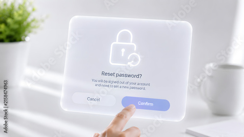 Obraz na płótnie Digital password reset confirmation interface with hand pressing a confirm button, for account recovery, authentication, access management, cybersecurity, and identity protection