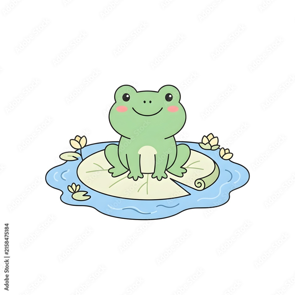 Obraz premium An adorable green frog character sitting contentedly on a lily pad floating in a small pond, with a happy expression.