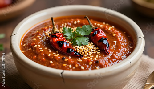 Harissa dip served in a miniature cracked ceramic vessel, vibrant sauce overflowing slightly over the edge, decorated with charred chili, coriander and golden sesame, rustic Mediterranean atmosphere