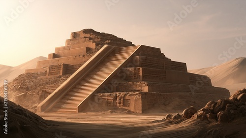 Ancient stepped adobe pyramid of mesoamerican style built in sandy desert under soft warm hazy sunlight shows historic pre-Columbian ancient architecture and archeology