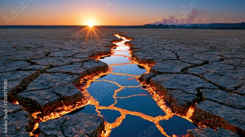 Cracked earth with a river of molten rock flows under a setting sun.