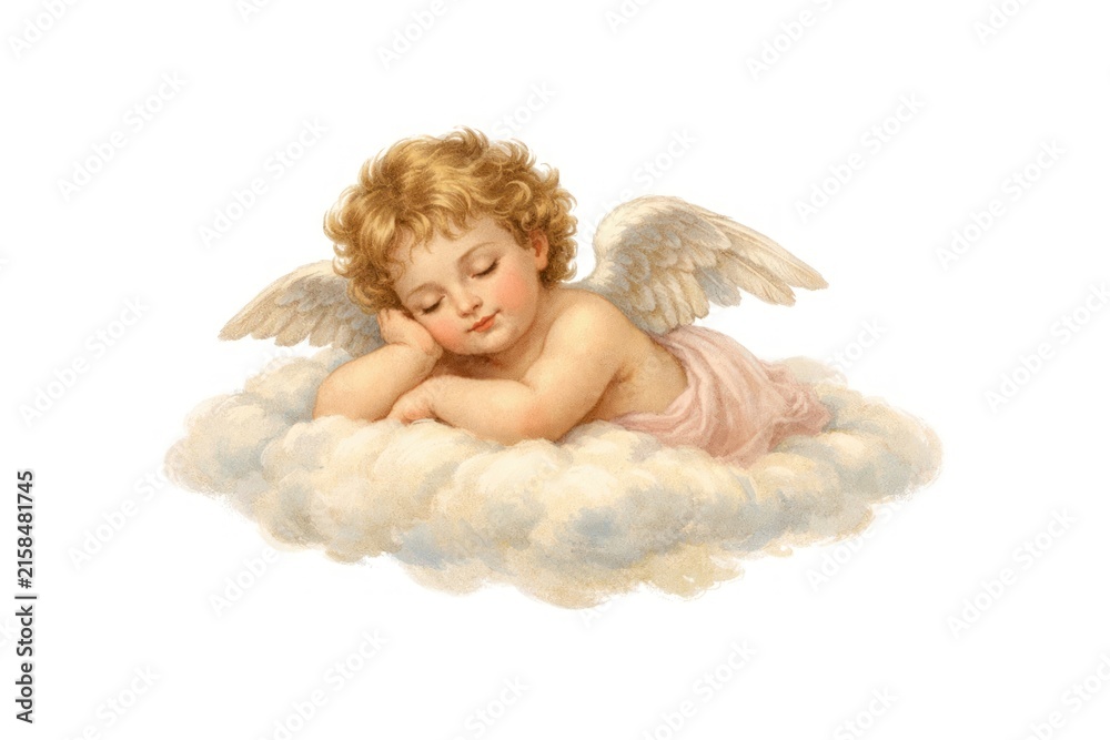 Naklejka premium Sleeping cherub angel resting on soft clouds, vintage illustration