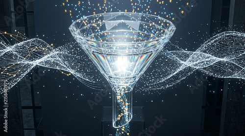 Futuristic glowing glass data funnel filtering digital particles and binary information big data analytics and sales conversion concept