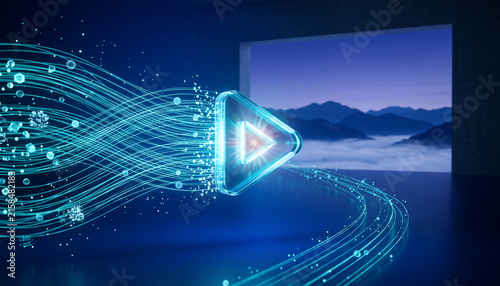 Futuristic glowing glass play button icon with dynamic fiber optic light trails and particle wave digital media streaming technology concept